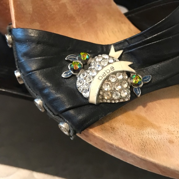 bebe Shoes - bebe Rhinestone Heart Black on Wood Heels Size 8